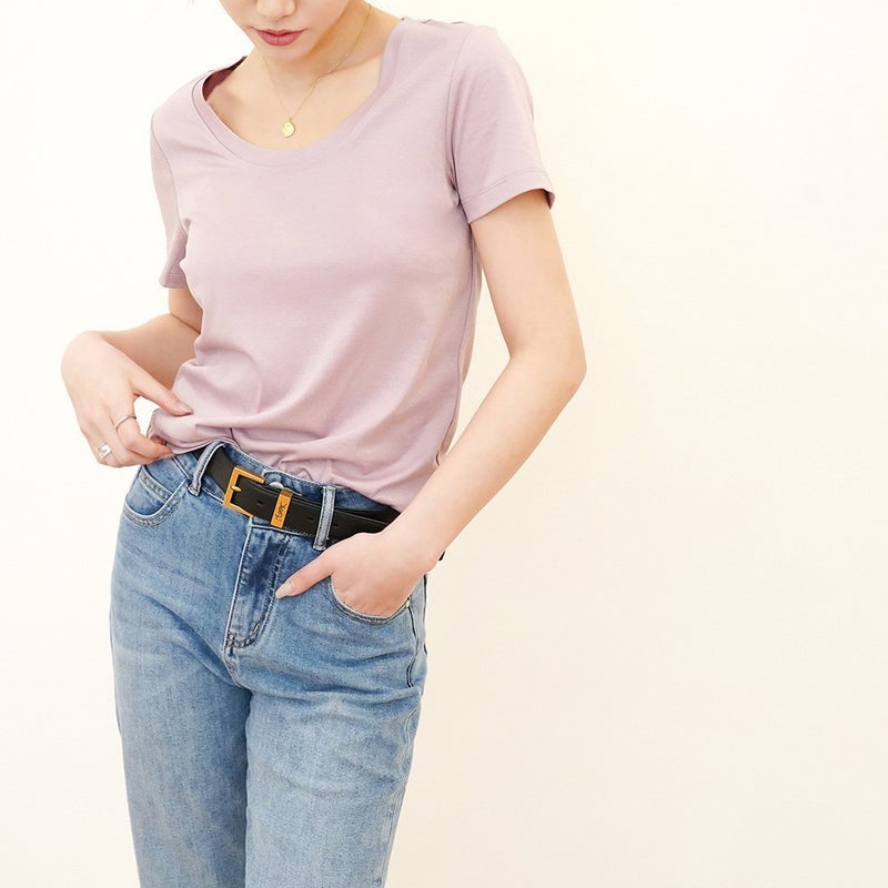 High-grade Sense Mulberry Silk Collarbone Large Neck mercerized Cotton Short-sleeved T-shirt Women''s Large Round Neck Chic Low Collar Top - Image 3