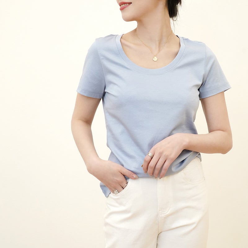 High-grade Sense Mulberry Silk Collarbone Large Neck mercerized Cotton Short-sleeved T-shirt Women''s Large Round Neck Chic Low Collar Top - Image 1