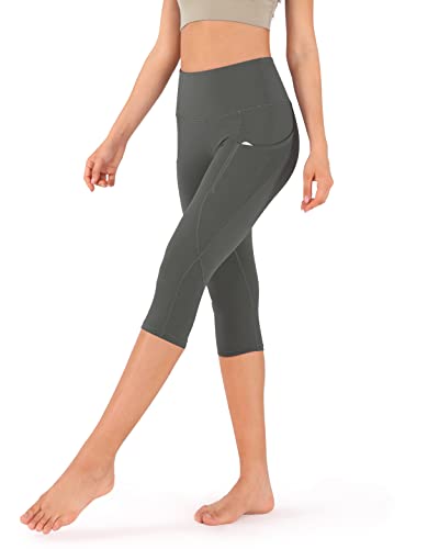 ODODOS Women's High Waisted Yoga Capris with Pockets,Tummy Control Non See Through Workout Sports Running Capri Leggings, Plus Size, Charcoal,XX-Large - Image 2