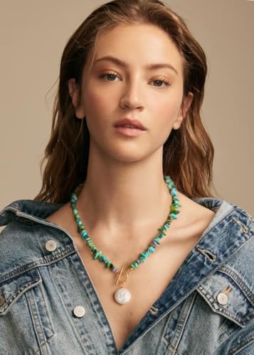 POTESSA Chunky Turquoise Necklace with Baroque Pearl Pendant Stylish Turquoise Statement Necklace for Women Summer Jewelry - Image 3