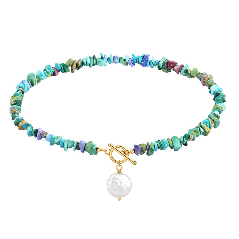 POTESSA Chunky Turquoise Necklace with Baroque Pearl Pendant Stylish Turquoise Statement Necklace for Women Summer Jewelry - Image 2