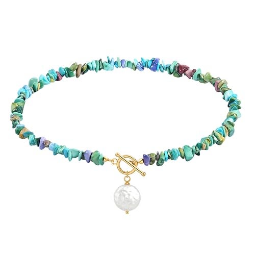 POTESSA Chunky Turquoise Necklace with Baroque Pearl Pendant Stylish Turquoise Statement Necklace for Women Summer Jewelry - Image 1