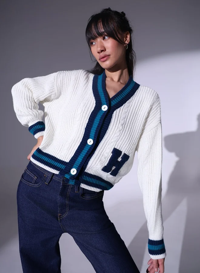 هوبرهولمي Women's White 100% Acrylic Regular Fit Sweater