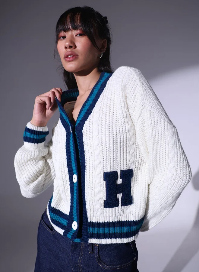 Hubberholme Women's White 100% Acrylic Regular Fit Sweater