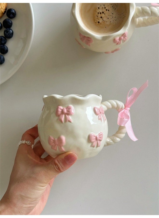 Generic - Coffee Ceramic Mug, Cute Bow 12Oz Porcelain Cups with Creative Rope Handle for Home Office, Dishwasher Safe (Pink Cup) - Image 1