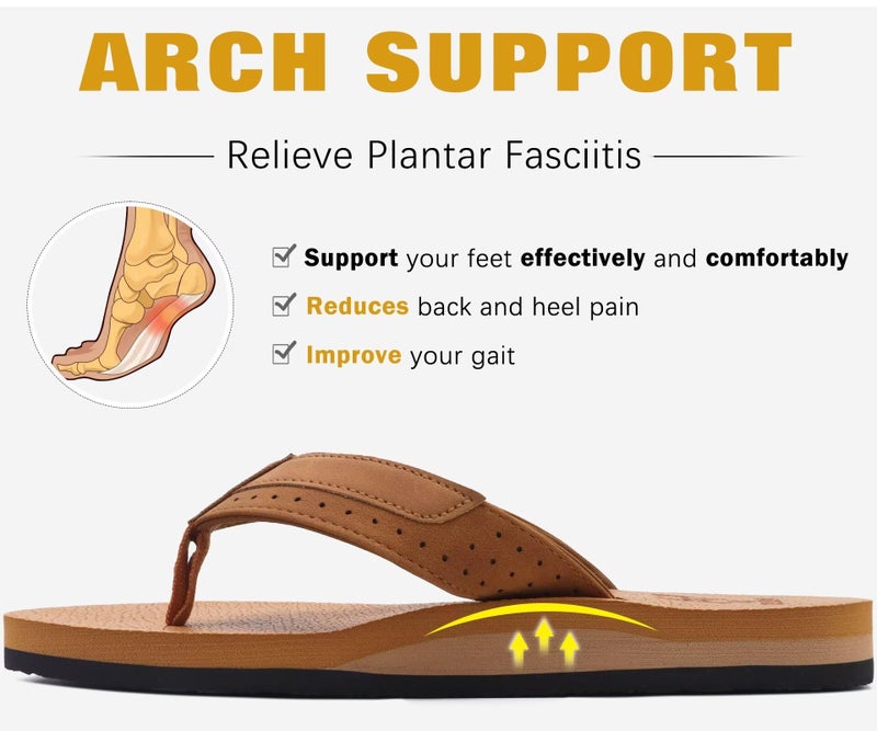 KuaiLu Men's Leather Flip Flops Arch Support Summer Beach Pool Water Thong Sandals Waterproof Rubber Walking Shoes Slip on Orthotic Casual Sport Cushioned Wide Slides Shower Slippers Brown Size 12 - Image 4
