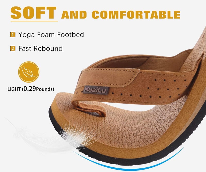 KuaiLu Men's Leather Flip Flops Arch Support Summer Beach Pool Water Thong Sandals Waterproof Rubber Walking Shoes Slip on Orthotic Casual Sport Cushioned Wide Slides Shower Slippers Brown Size 12 - Image 3