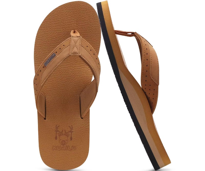 KuaiLu Men's Leather Flip Flops Arch Support Summer Beach Pool Water Thong Sandals Waterproof Rubber Walking Shoes Slip on Orthotic Casual Sport Cushioned Wide Slides Shower Slippers Brown Size 12 - Image 1