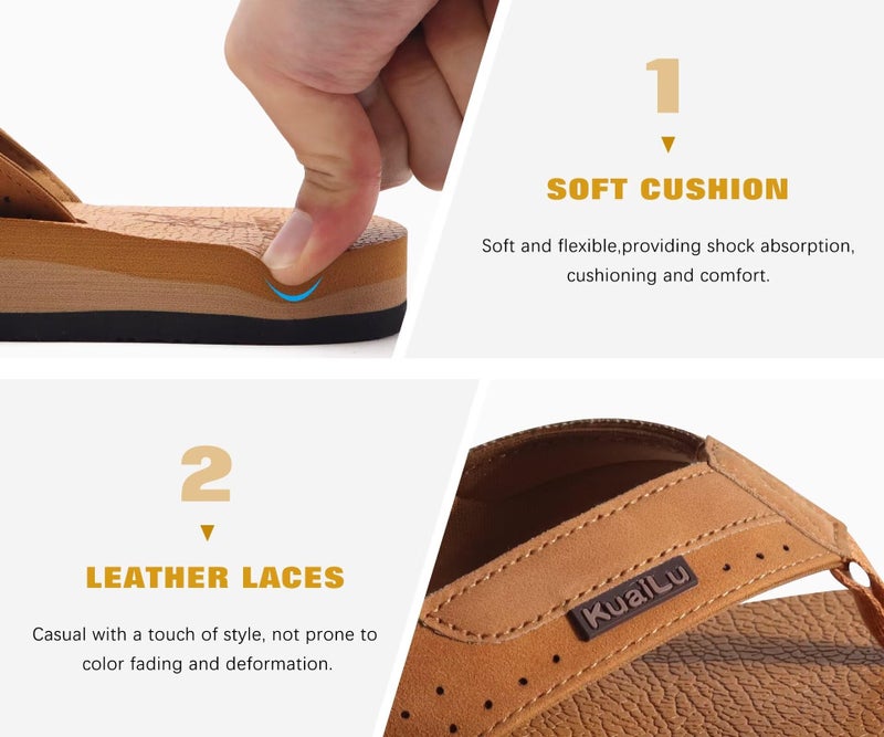 KuaiLu Men's Leather Flip Flops Arch Support Summer Beach Pool Water Thong Sandals Waterproof Rubber Walking Shoes Slip on Orthotic Casual Sport Cushioned Wide Slides Shower Slippers Brown Size 12 - Image 5