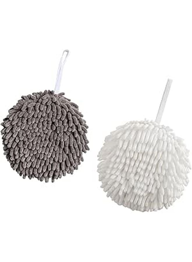 Chenille Hand Towel Balls 2 Pack Absorbent Quick Dry Soft White Light Gray Bathroom Kitchen Towels - Image 1