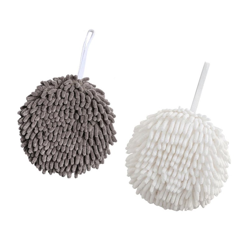 Chenille Hand Towel Balls 2 Pack Absorbent Quick Dry Soft White Light Gray Bathroom Kitchen Towels - Image 2