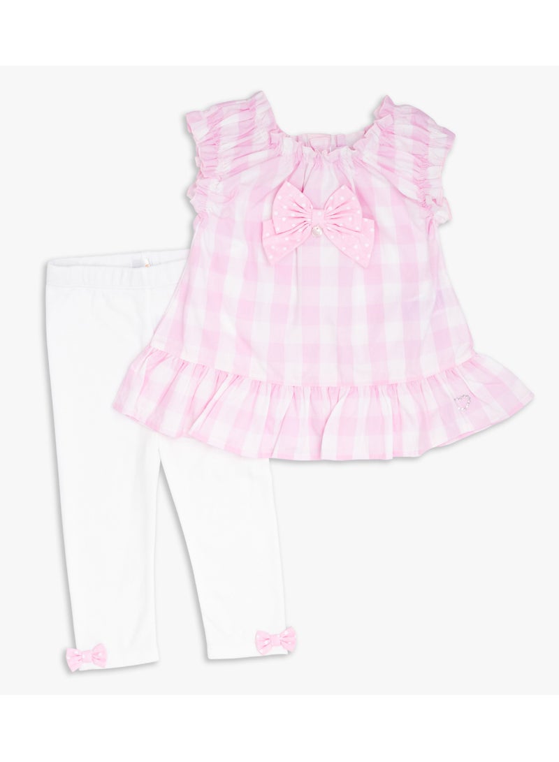 Moon بلوزة وبنطلون ضيق من MOON مصنوعان من القطن بنسبة 100%، مقاس 12-18 شهرًا، وردي - مربعات وردية - Image 1