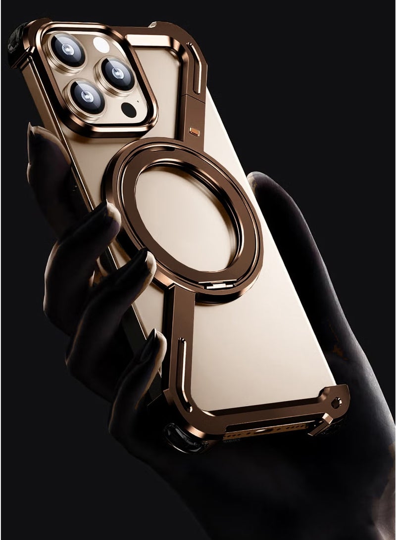 (لـ iPhone 16 Pro Max) غلاف دوران 360°، قاعدة من الألمنيوم والمعدن، بدون إطار، غلاف واقي بمستوى صدمة من التيتانيوم الصحراوي - Image 3