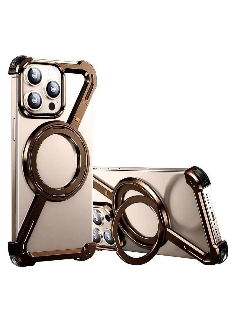 (لـ iPhone 16 Pro Max) غلاف دوران 360°، قاعدة من الألمنيوم والمعدن، بدون إطار، غلاف واقي بمستوى صدمة من التيتانيوم الصحراوي - Image 1