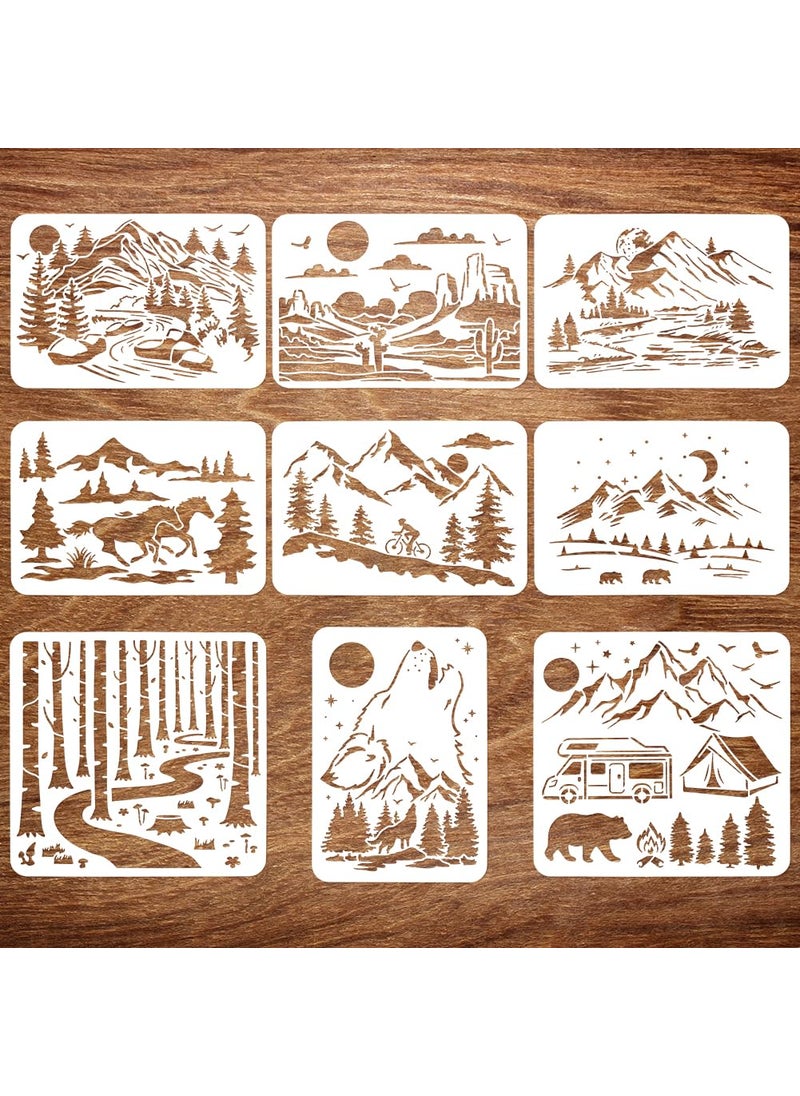 FINGERINSPIRE FINGERINSPIRE 9 Pcs Landscape Painting Stencils 8.3x11.7" 11.8x11.8" Mountains Woods Wolves Horses Houses Cars Bears Human Nature Themes Spraying Big Stencil for DIY Wood Floor Tile 