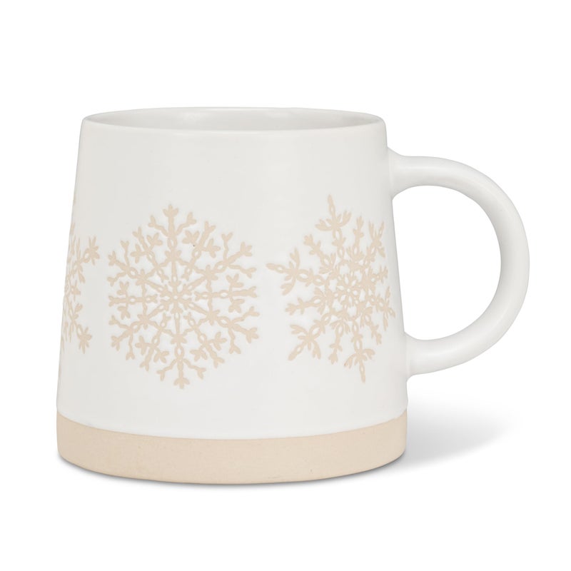 Abbott Collection Wide Base Mug with Snowflake Row - Stoneware Coffee Cup, White/Ivory, 3.5 inches H (14oz) - Image 1