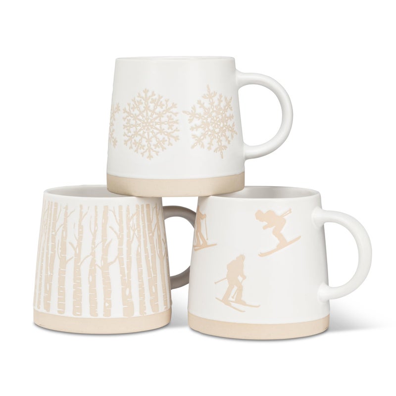 Abbott Collection Wide Base Mug with Snowflake Row - Stoneware Coffee Cup, White/Ivory, 3.5 inches H (14oz) - Image 4