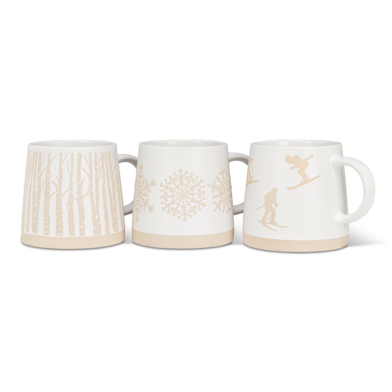 Abbott Collection Wide Base Mug with Snowflake Row - Stoneware Coffee Cup, White/Ivory, 3.5 inches H (14oz) - Image 3