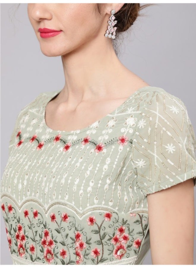 AKS Pastel Green Embroidered Lehenga Choli With Dupatta Set - Image 2