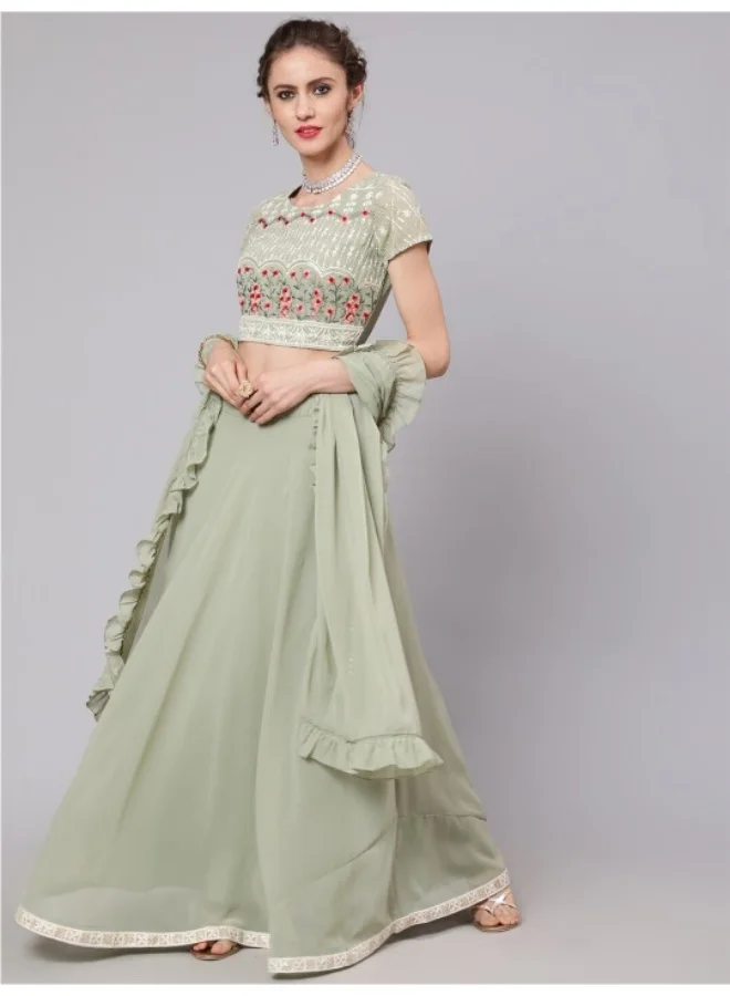 أيه كيه إس Pastel Green Embroidered Lehenga Choli With Dupatta Set