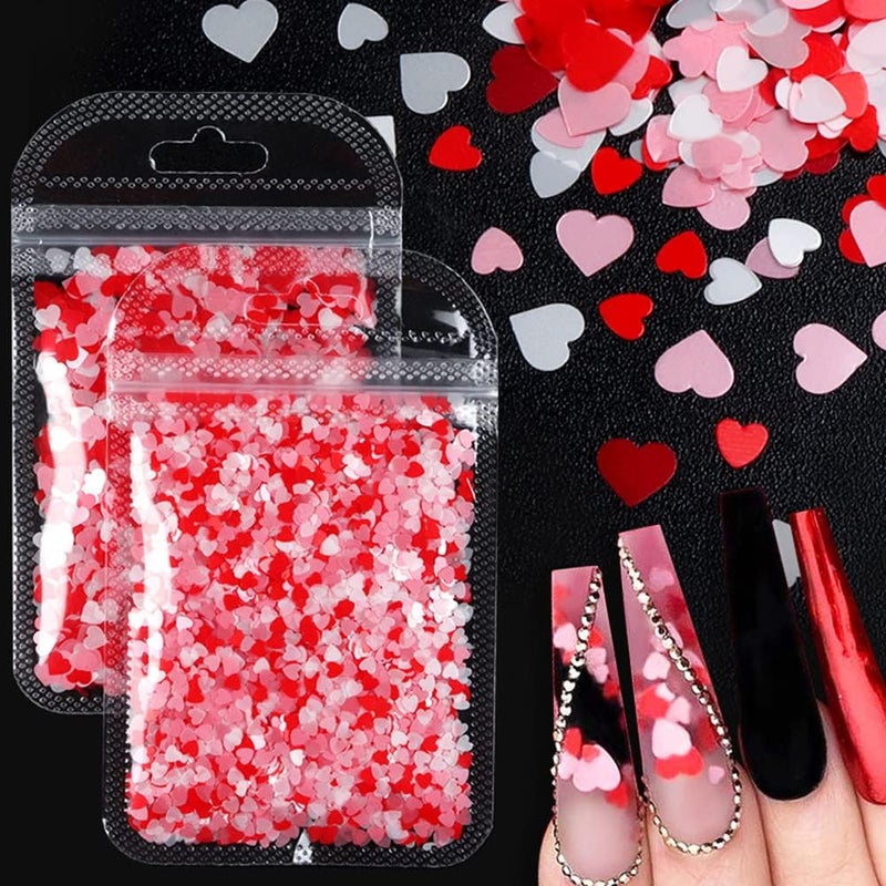 Valentines Day Heart Nail Art Glitter Sequins for Acrylic Nails Design Holographic Sparkles Red Sweet Love Heart Flakes Nail Decals for Women DIY Manicures Salon Accessories Decorations