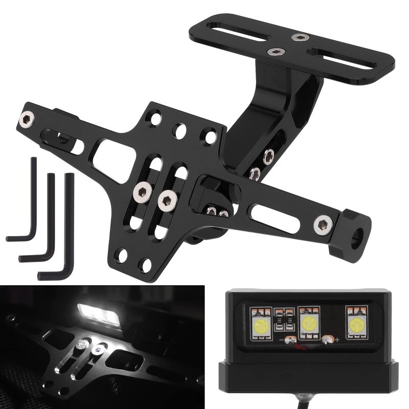 Windance Motorcycle License Plate BracketUniversal Adjustable Fender Eliminator Kit CNC Aluminum Tail Tidy holder with LED light Black