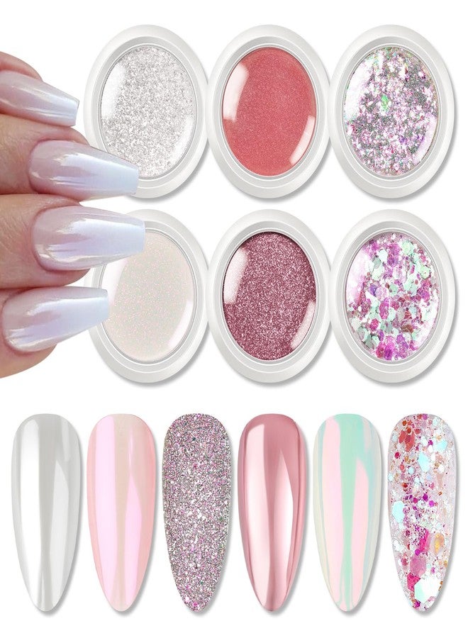 Born Pretty Pink Chrome Nail Powder Metallic Mirror Glitter Sequins Holographic Aurora Pigment Powder Manicure Nail Art Decoration Sets 6 Boxes - Image 1