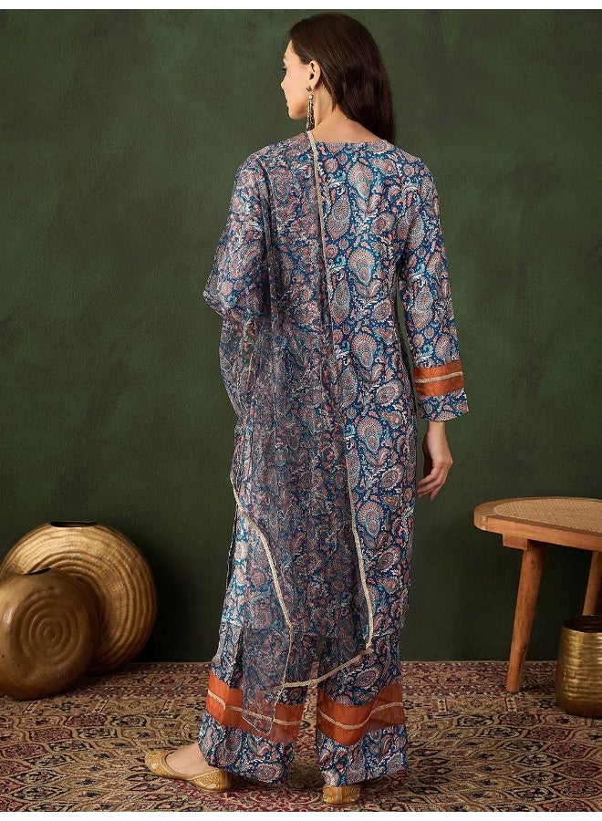 AKS Teal Blue With Orange Paisley Printed Velvet Kurta Set - Image 4