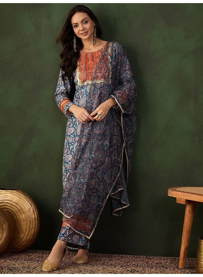 أيه كيه إس Teal Blue With Orange Paisley Printed Velvet Kurta Set
