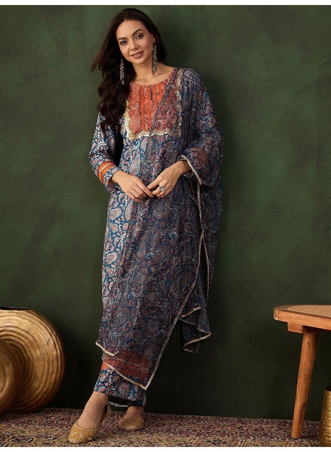AKS Teal Blue With Orange Paisley Printed Velvet Kurta Set - Image 1