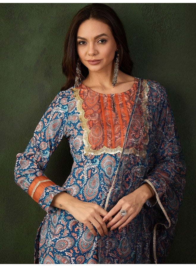 AKS Teal Blue With Orange Paisley Printed Velvet Kurta Set - Image 2