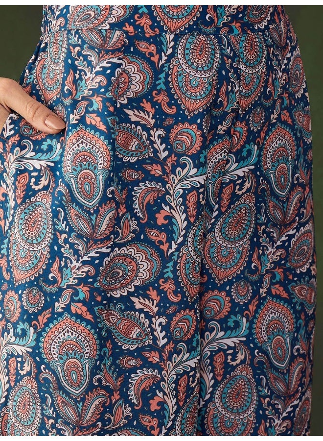 AKS Teal Blue With Orange Paisley Printed Velvet Kurta Set - Image 3