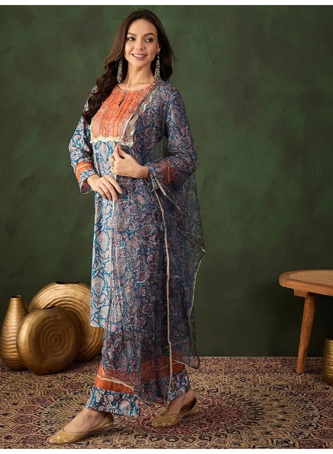 أيه كيه إس طقم كورتا مخملي بطبعة بيزلي باللون الأزرق المخضر والبرتقالي