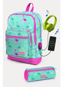 CORAL HIGH Kids Water Green Neon Pink Flamingo Patterned USB 2-Piece School Bag Set SET0223275  - Image 1