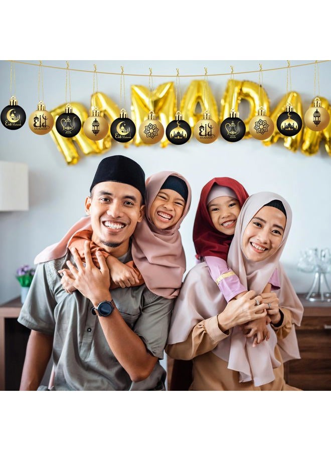 Bememo 24 Pcs Eid Ball Ornaments for Tree Eid Al Adha Decoration1.57 Inches Plastic Ramadan Hanging Ornaments Islamic Moon Star Ball Ramadan Decor for Holiday Tree Party Decoration(Black and Gold) - Image 2