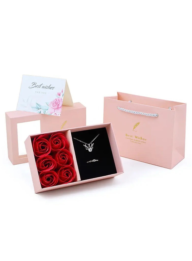 Gift Box with 6 Heads Roses,Jewelry Flower Box with Bag, Forever Preserved Rose Box, Real Eternal Roses for Women, Wife, Girlfriend, Etc Pink