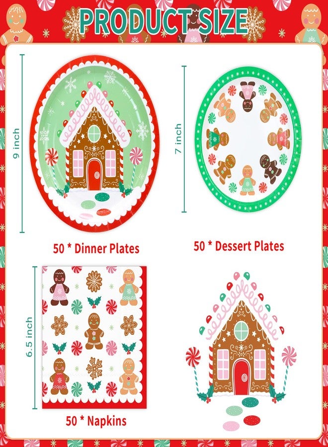 DYLIVeS أطباق ومناشف عيد الميلاد لوازم الحفلات، 150 قطعة من أدوات المائدة القابلة للتصرف على شكل رجال الزنجبيل، زينة حفلات عيد الميلاد السعيدة، مجموعة أطباق ومناشف ورقية لعيد الميلاد، تكفي لـ 50 شخصاً - Image 2