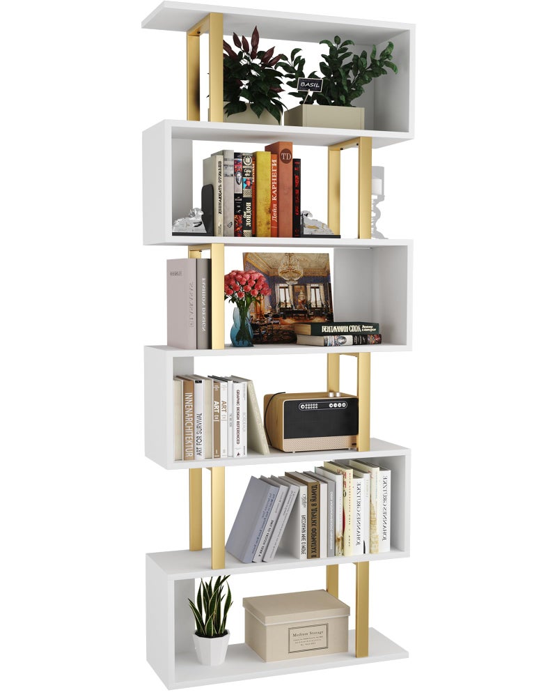 Yusong Geometric Bookcase S Shaped Bookshelf 6Tier Book Shelves for Bedroom Modern Wood Decorative Display Shelf Tall Book Case for Home Office Gold and White