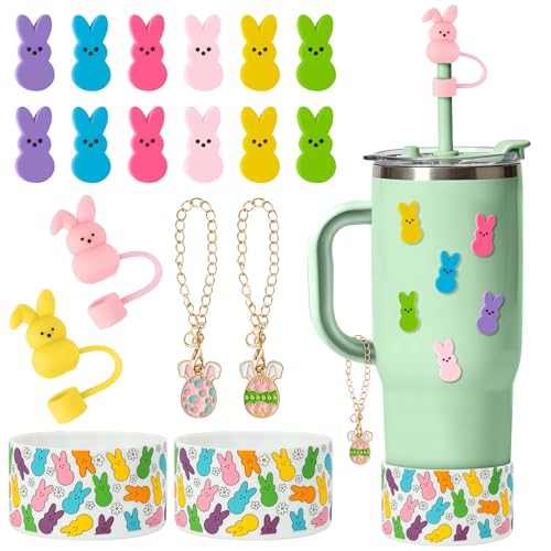 Qimgic Easter Bunny Cup Accessories - 18pcs Peep Silicone Boot with Straw Cover Eggs Handle Charm Compatible with 30 40 oz Tumblers, Colorful Rabbit Cup Sleeve Decor for Girls Women Gifts Spring Party - Image 1