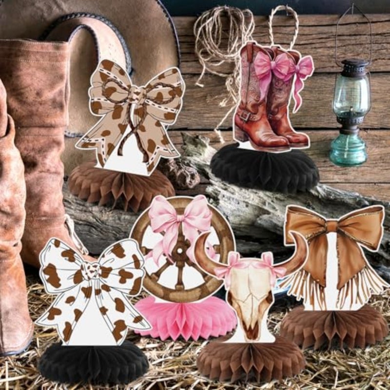 9 Pcs Party Decorations for Table Boots or Bows Western Pink Honeycomb Centerpieces Coquette Rodeo Western Decor for Baby Shower Bachelorette Birthday - Image 4