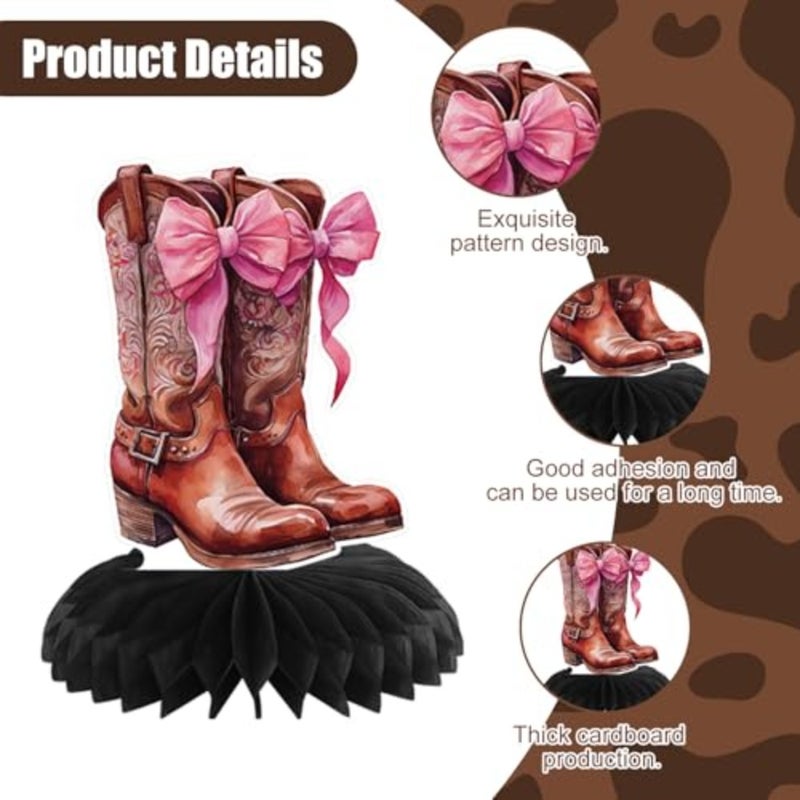 9 Pcs Party Decorations for Table Boots or Bows Western Pink Honeycomb Centerpieces Coquette Rodeo Western Decor for Baby Shower Bachelorette Birthday - Image 3