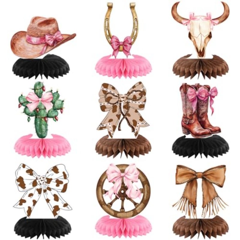 9 Pcs Party Decorations for Table Boots or Bows Western Pink Honeycomb Centerpieces Coquette Rodeo Western Decor for Baby Shower Bachelorette Birthday - Image 1