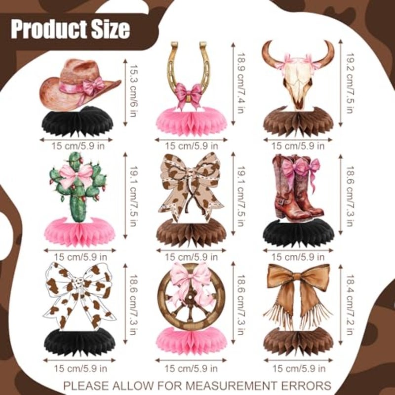 9 Pcs Party Decorations for Table Boots or Bows Western Pink Honeycomb Centerpieces Coquette Rodeo Western Decor for Baby Shower Bachelorette Birthday - Image 2