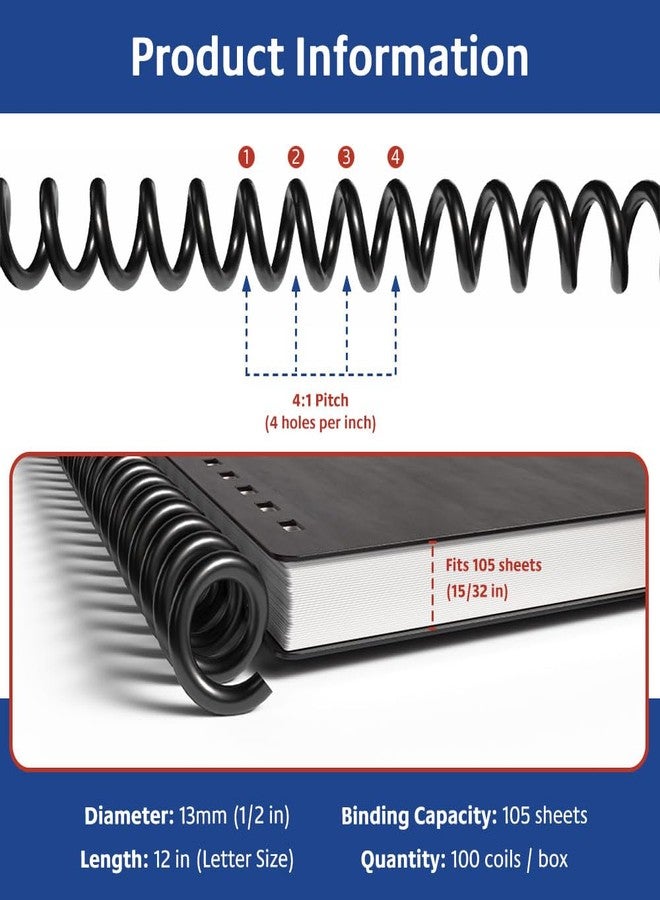 TruBind 13mm (1/2 in.) Spiral Binding Coils for Reports, Presentations and Proposals | 4:1 Pitch | 12 in. Length | Black | 105 Sheets Binding Capacity | 100 Pack - Image 4
