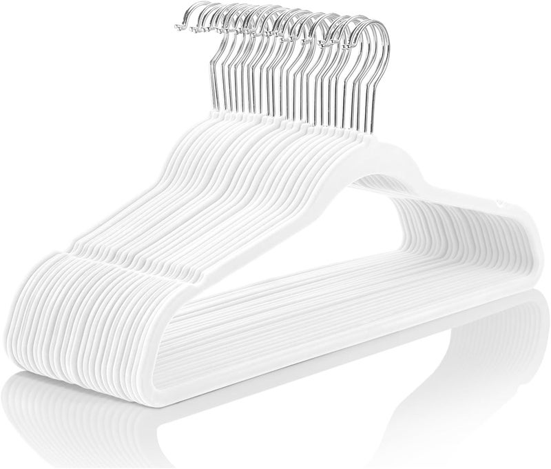 MIZGI Premium Velvet Hangers (60 Pack) Heavy-Duty - Non-Slip Felt Suit Hangers White - Chrome Hooks, Space Saving Clothes - Image 1