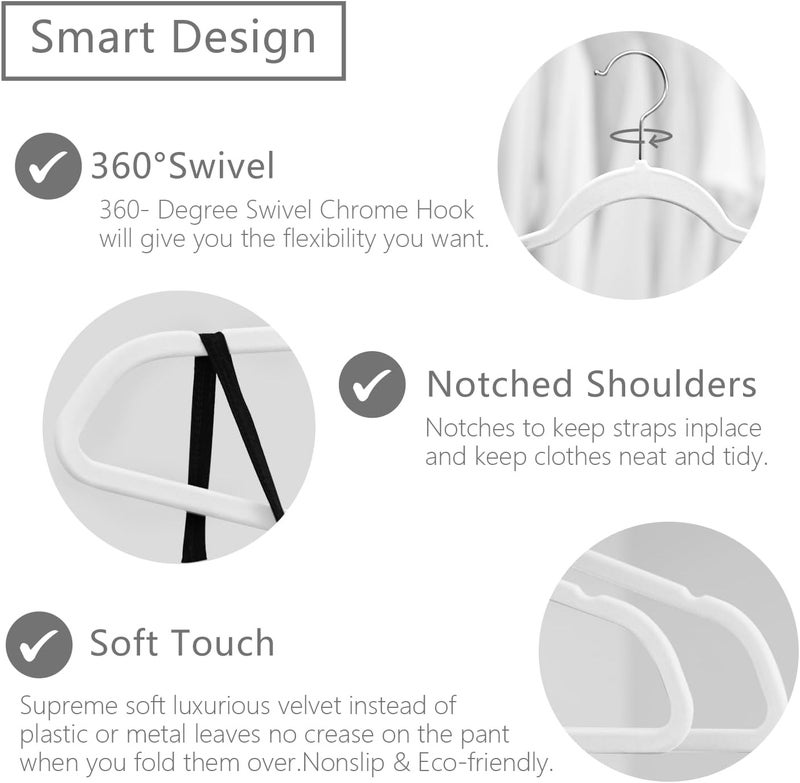 MIZGI Premium Velvet Hangers (60 Pack) Heavy-Duty - Non-Slip Felt Suit Hangers White - Chrome Hooks, Space Saving Clothes - Image 2