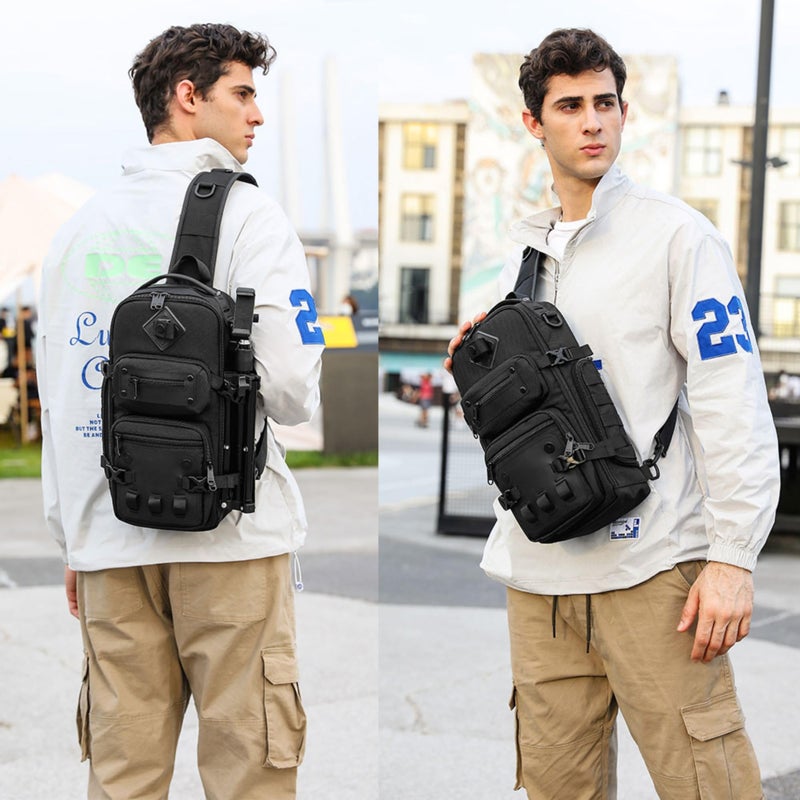 OZUKO حقيبة كتف تكتيكية مقاومة للماء مع حامل ثلاثي القوائم، 13 لتر، حقيبة سفر وعمل وتصوير متعددة الأقسام، سوداء، 9585 - Image 5