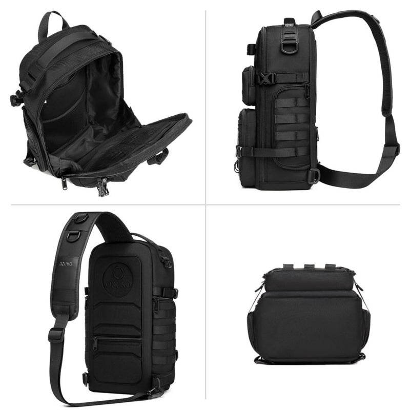 OZUKO حقيبة كتف تكتيكية مقاومة للماء مع حامل ثلاثي القوائم، 13 لتر، حقيبة سفر وعمل وتصوير متعددة الأقسام، سوداء، 9585 - Image 4