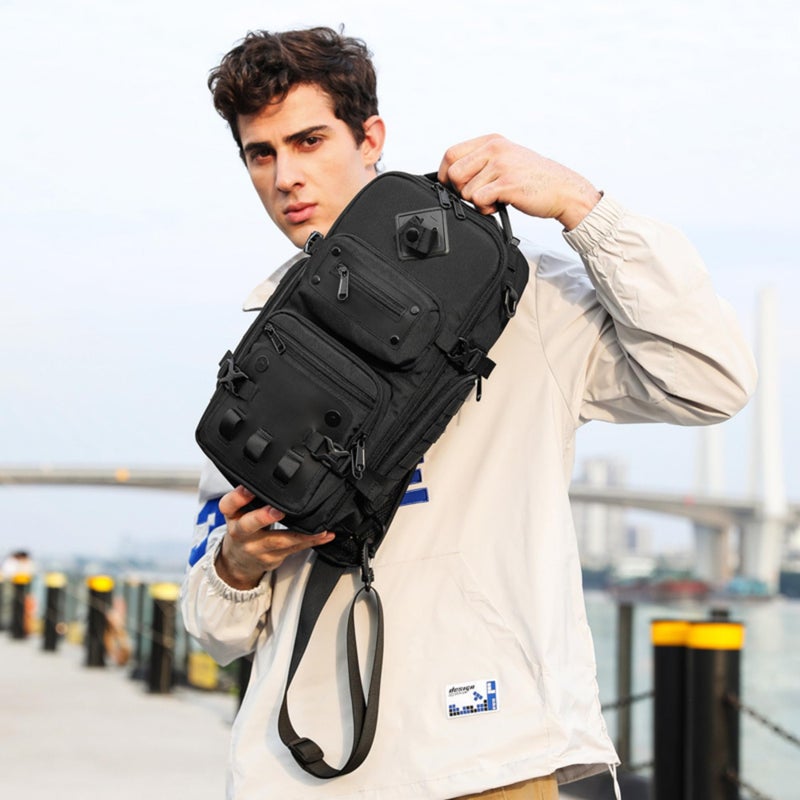 OZUKO حقيبة كتف تكتيكية مقاومة للماء مع حامل ثلاثي القوائم، 13 لتر، حقيبة سفر وعمل وتصوير متعددة الأقسام، سوداء، 9585 - Image 2