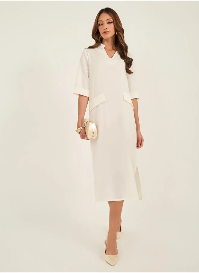 لوكس ويف Solid V-Neck Side Slit Midi Dress with Pockets Details by Styli